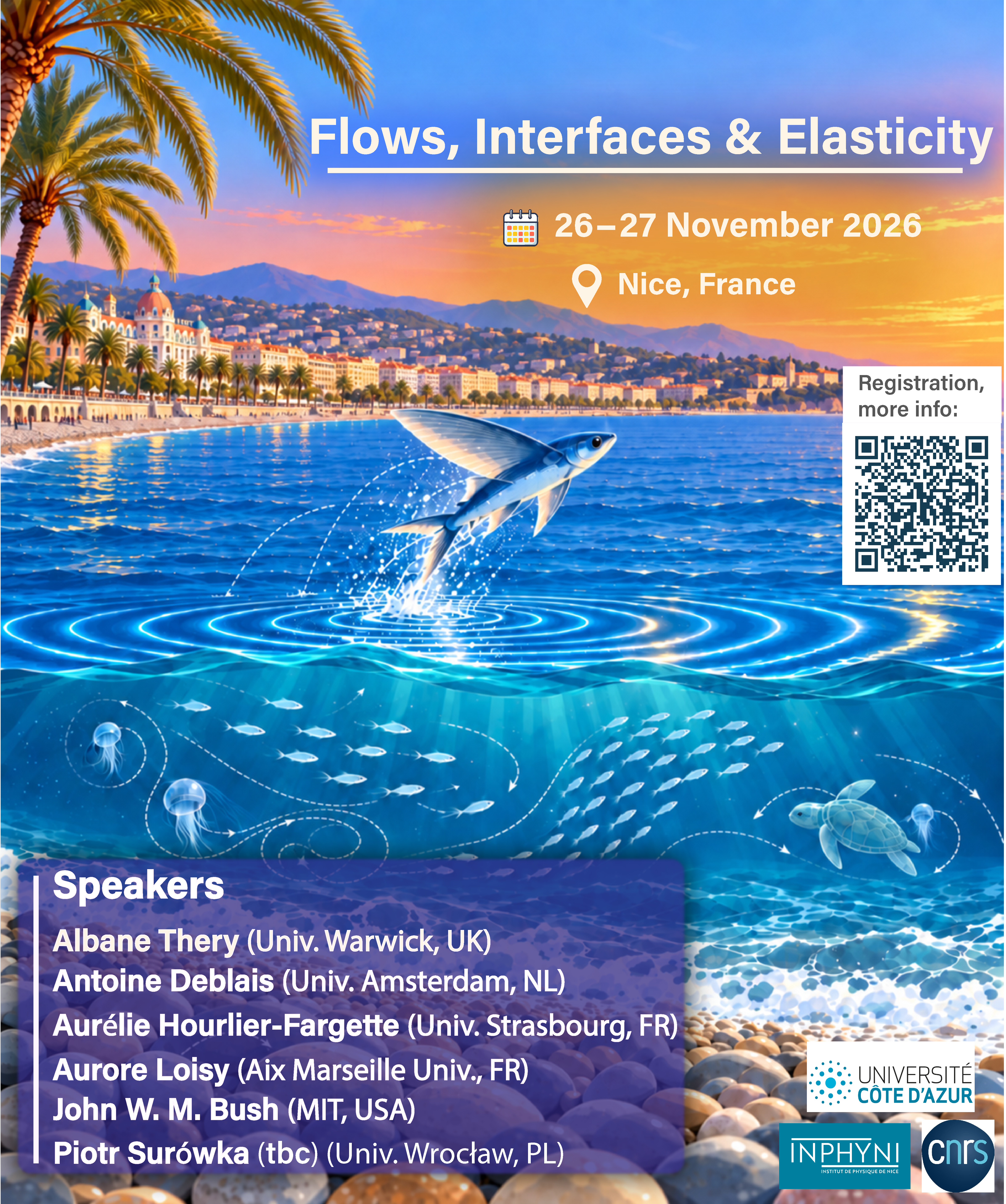 Workshop poster: Flows, Interfaces & Elasticity, 26–27 November 2026, Nice, France. A flying fish rises above a turquoise Mediterranean sea beneath a pink and orange sunset.